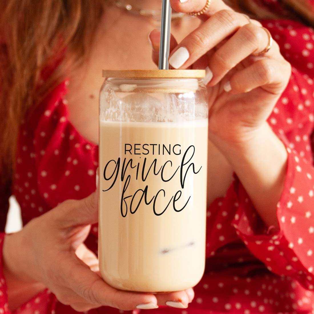 Gia Roma Resting Grinch Face 17oz glass cup with lid and metal straw on Tampa Home & Garden Store