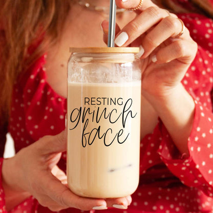 Gia Roma Resting Grinch Face 17oz glass cup with lid and metal straw on Tampa Home & Garden Store