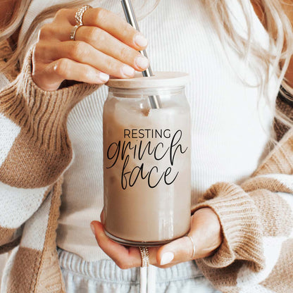 Grinch Face 17oz glass cup with lid and metal straw, beige iced drink, Gia Roma drinkware on Tampa Home & Garden Store
