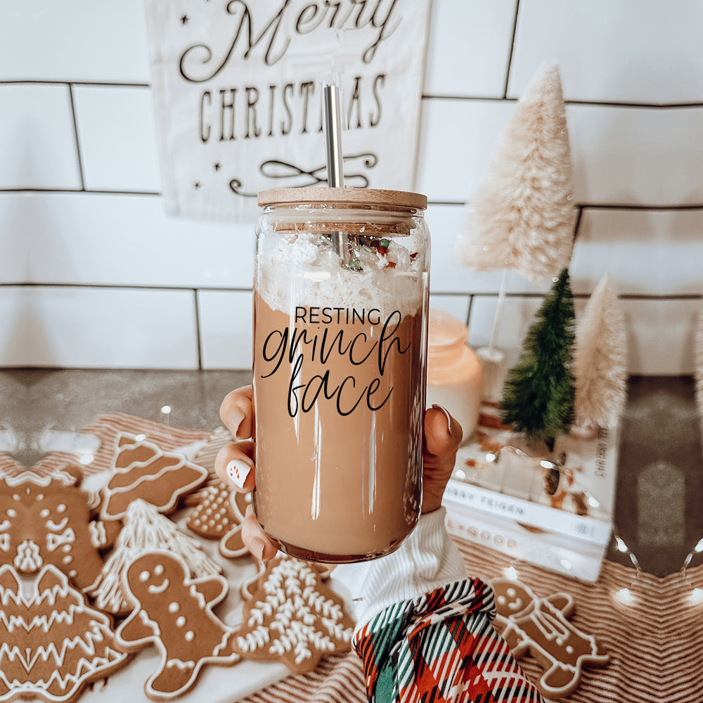 Grinch Face 17oz glass cup by Gia Roma with wooden lid and straw on Tampa Home & Garden Store