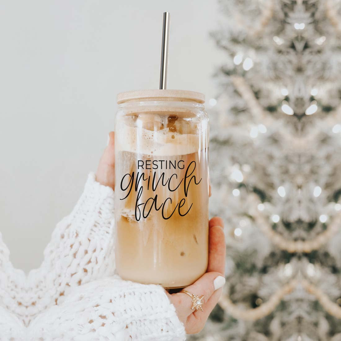 Grinch Face 17oz glass cup with wood lid and stainless steel straw by Gia Roma on Tampa Home & Garden Store
