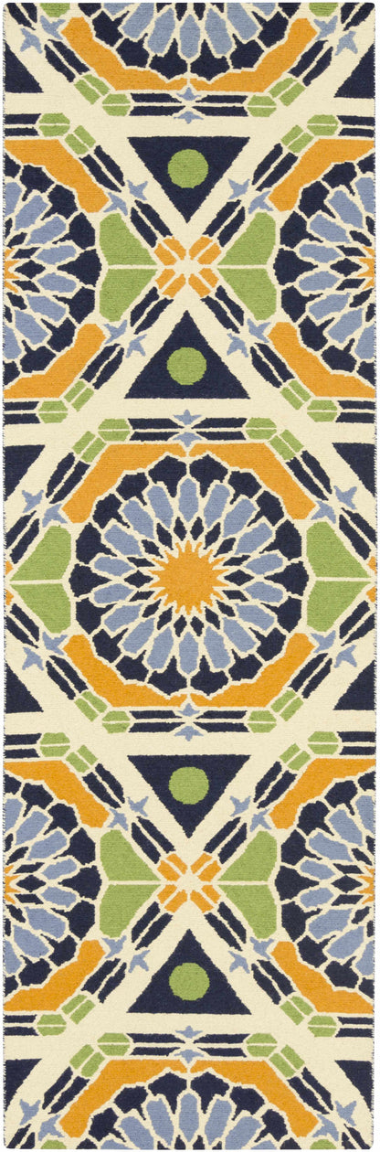 Greenough Area Carpet rug with navy, lime, orange, cream geometric pattern by Boutique Rugs on Tampa Home & Garden Store