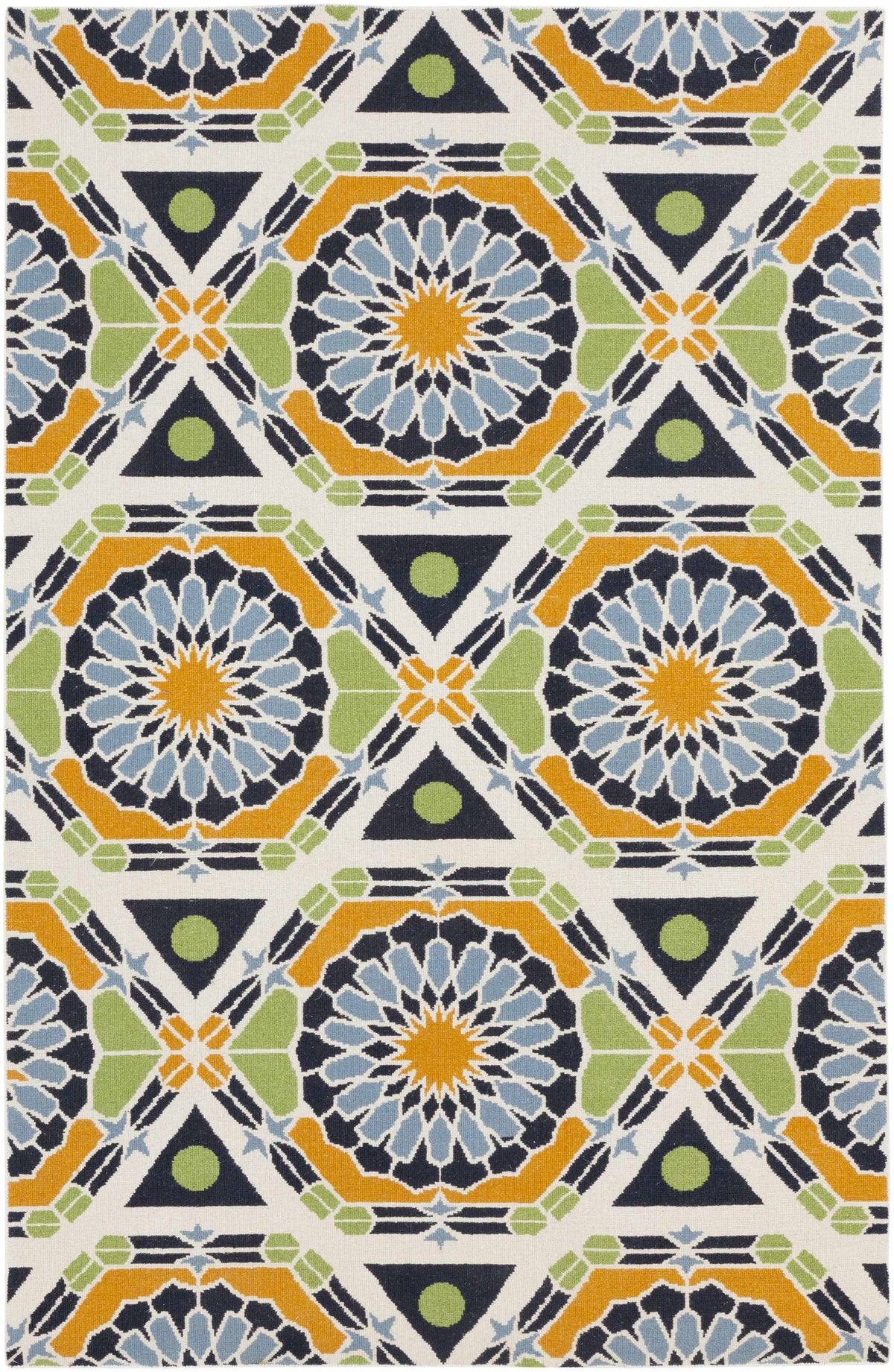 Greenough Area Carpet rug by Boutique Rugs with navy, orange, lime medallions on cream background on Tampa Home & Garden Store