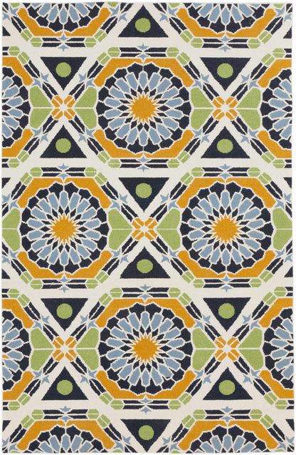 Greenough Area Carpet rug by Boutique Rugs with navy, orange, lime medallions on cream background on Tampa Home & Garden Store