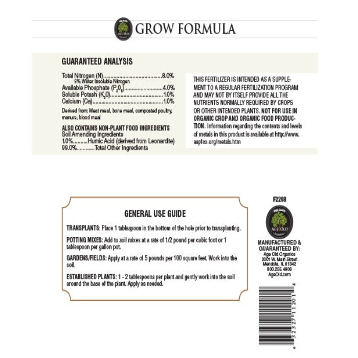 Fertilizer Age Old Dry Grow 8-4-1 with 1% Calcium by Rivendell Distribution on Tampa Home & Garden Store