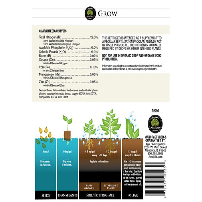 Age Old Liquid Grow 12-6-6 fertilizer label with guaranteed analysis by Rivendell Distribution on Tampa Home & Garden Store