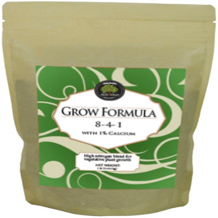 Dry Grow 8-4-1 fertilizer with 1% Calcium in a beige pouch, Grow Formula label Rivendell on Tampa Home & Garden Store