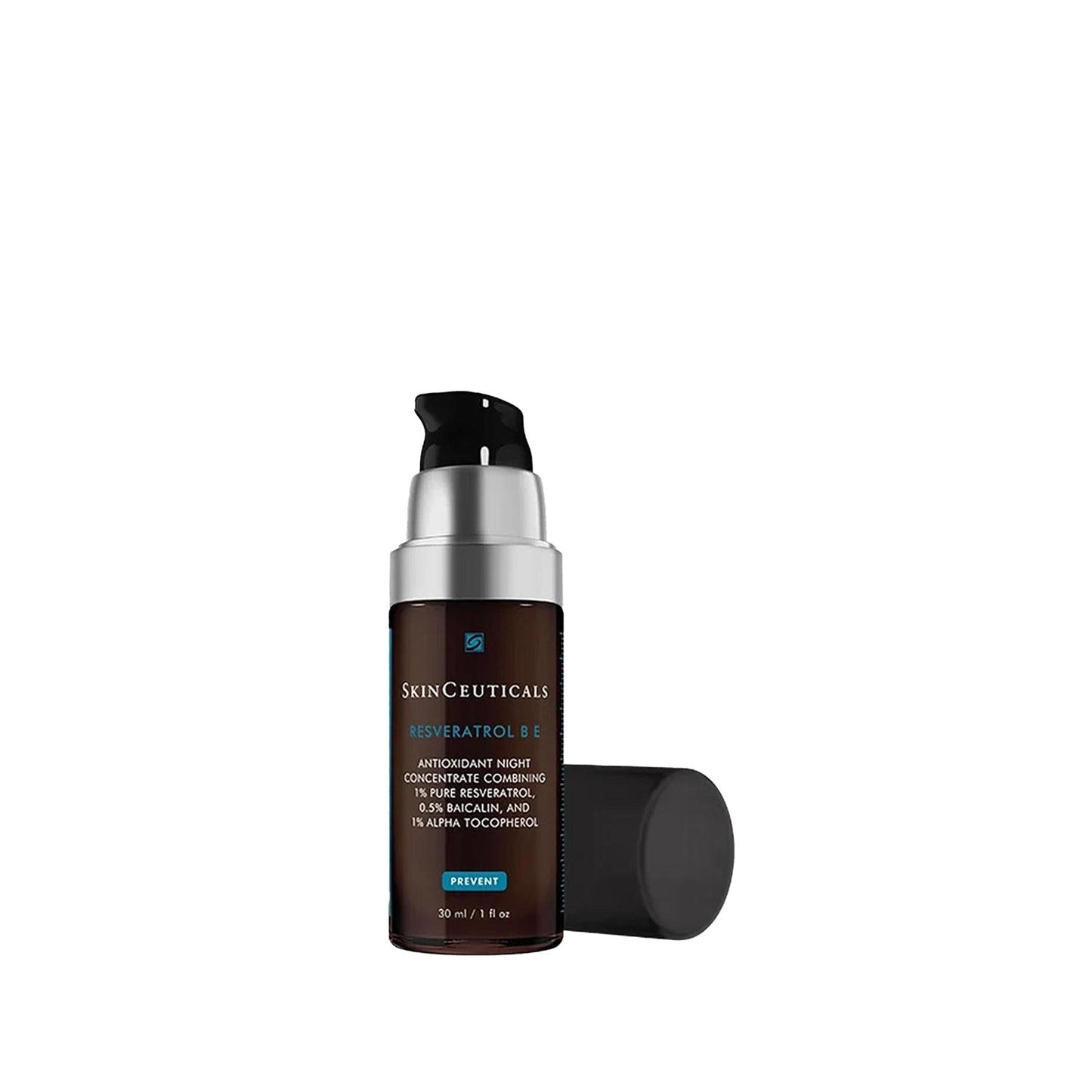 SkinCeuticals Resveratrol B E night serum bottle with pump, dark brown glass, silver cap on Tampa Home & Garden Store