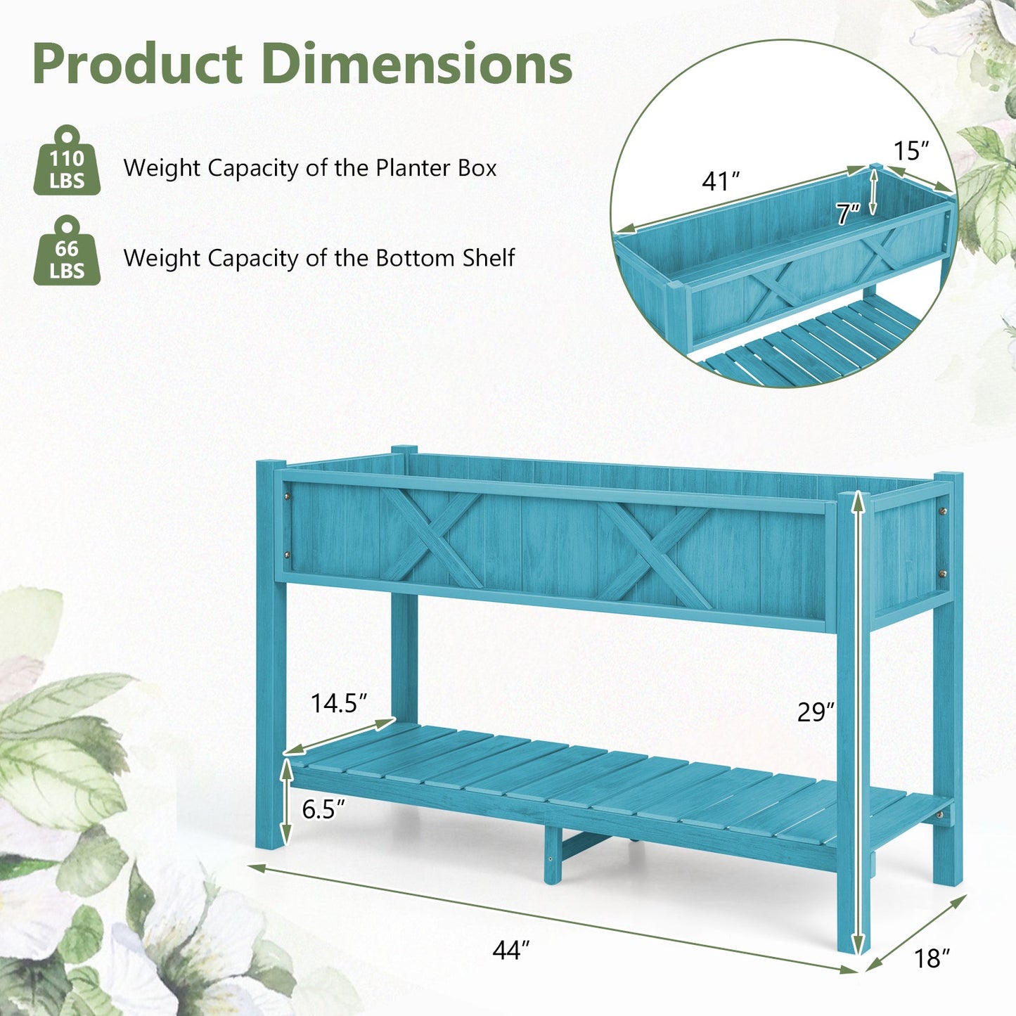 Poly Wood Elevated Planter Box with Legs Storage Shelf Drainage Holes-Blue