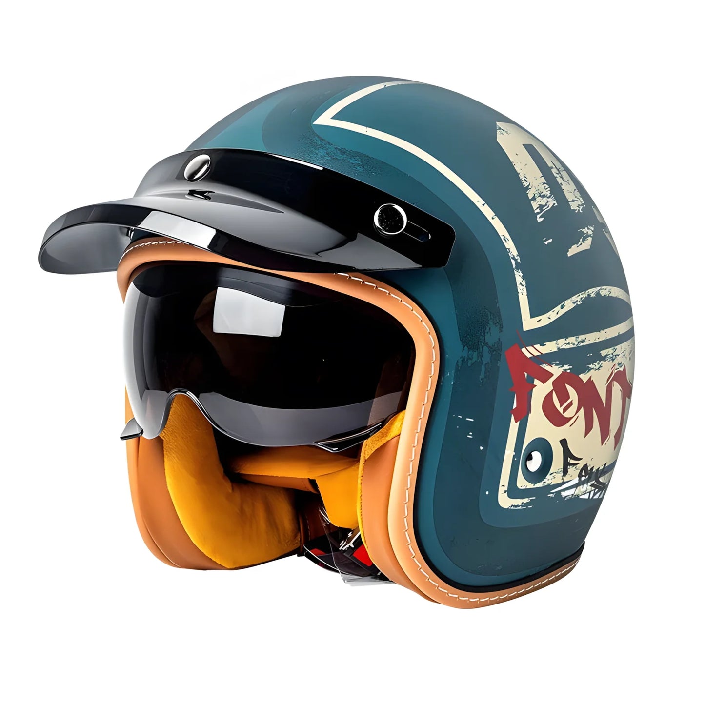 The Street King open-face helmet teal shell with tan leather interior DOT & ECE approved on Tampa Home & Garden Store