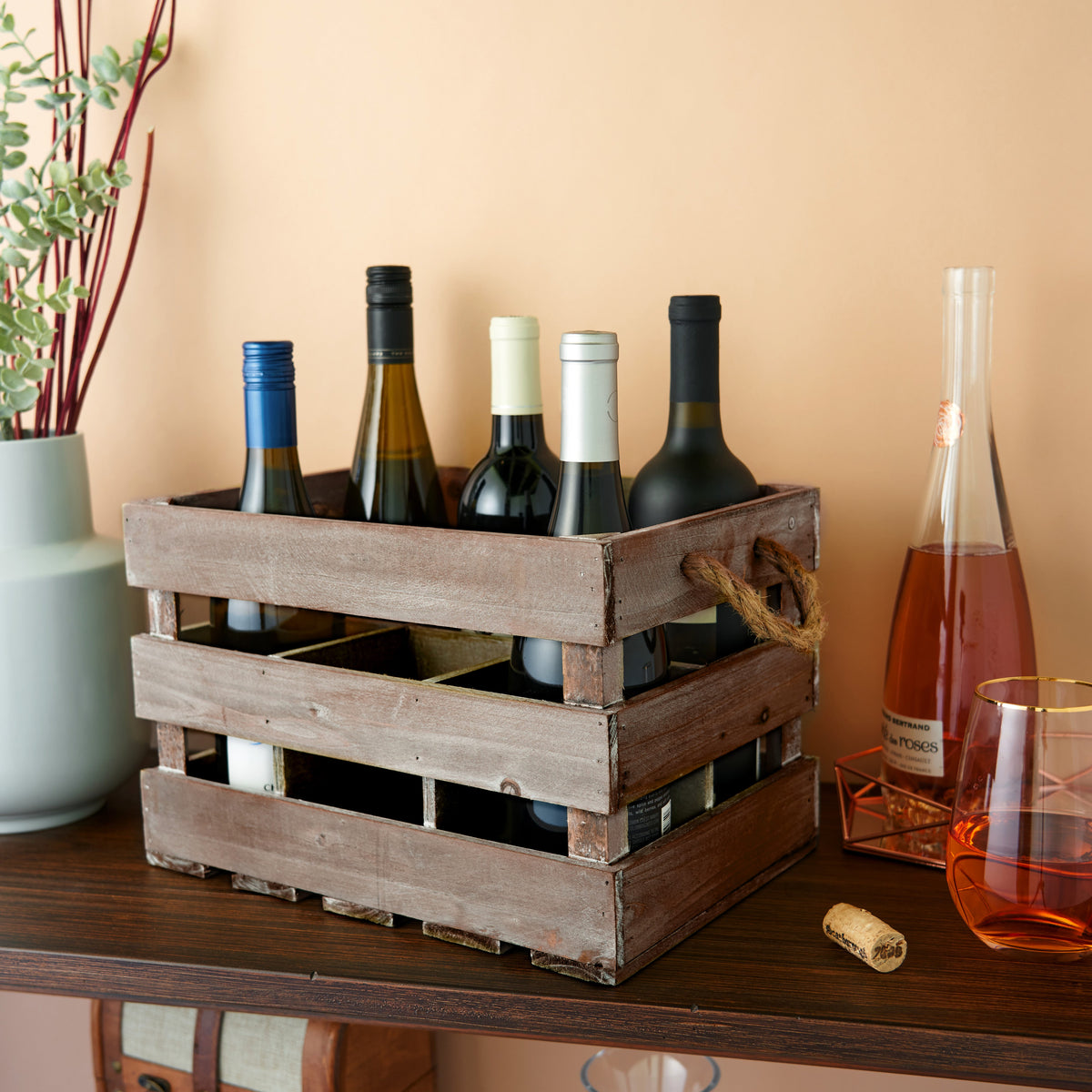 Twine Living wooden 6-bottle wine rack in a rustic crate on Tampa Home & Garden Store