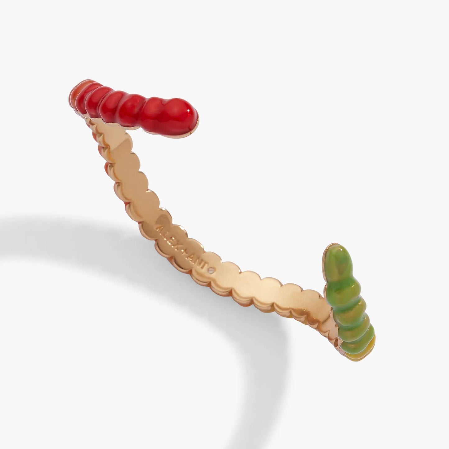 Gummy Worm Cuff bracelet by ALEX AND ANI in rose-gold tone with red enamel gummy worm accent on Tampa Home & Garden Store