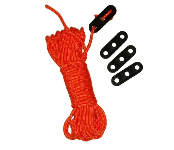 Guy Line nylon rope from River Country Gear, bright orange, coiled with four plates on Tampa Home & Garden Store