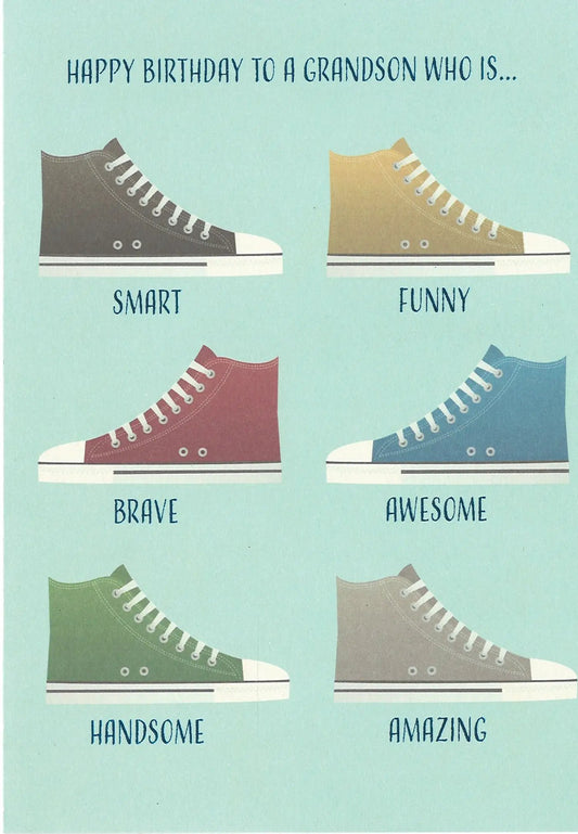 Birthday Card for Grandson who is Smart Funny; sneakers grid by Country Christmas Loft on Tampa Home & Garden Store