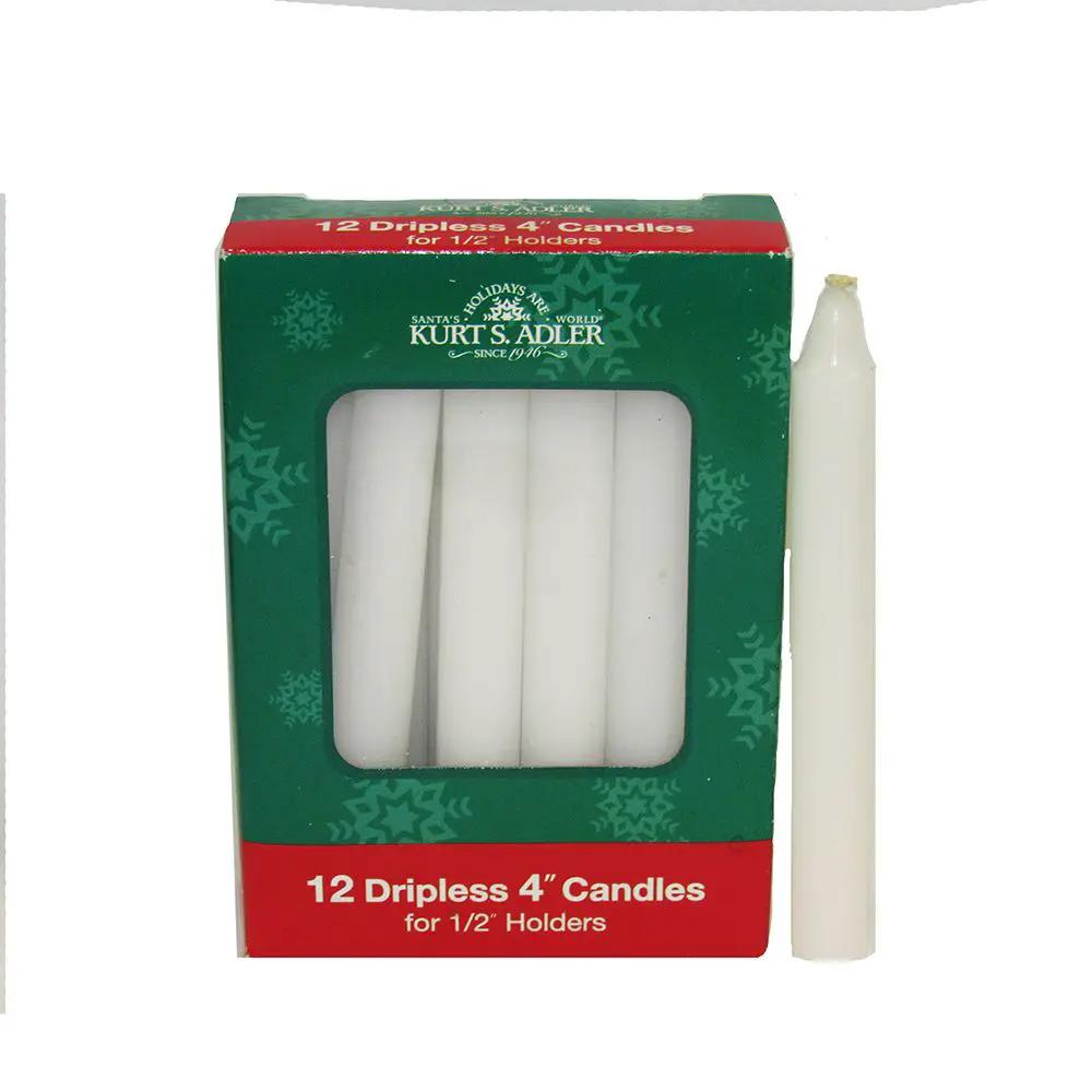 White dripless taper candles, 12-pack for 1/2-inch holders, Kurt S. Adler box on Tampa Home & Garden Store