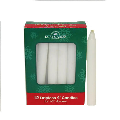White dripless taper candles, 12-pack for 1/2-inch holders, Kurt S. Adler box on Tampa Home & Garden Store