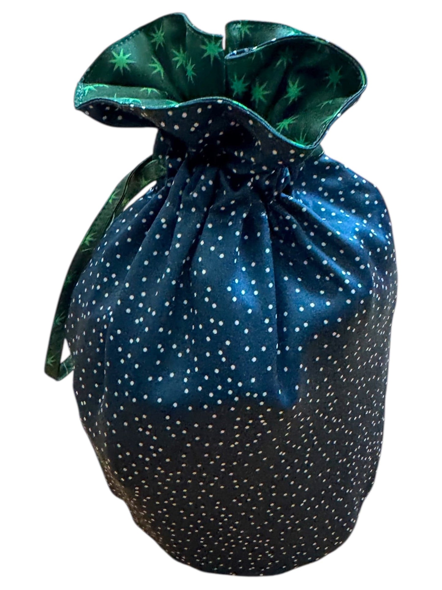 Reversible medium reusable fabric gift bag with blue polka-dot exterior and green star interior on Tampa Home & Garden Store