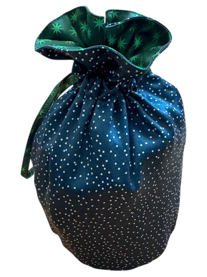 Reversible medium reusable fabric gift bag with blue polka-dot exterior and green star interior on Tampa Home & Garden Store