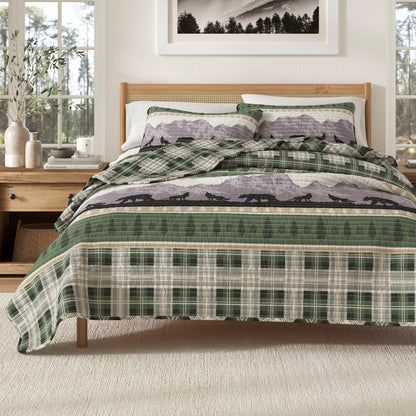 Lodge Plaid Quilt With Bear And Mountain Scene
