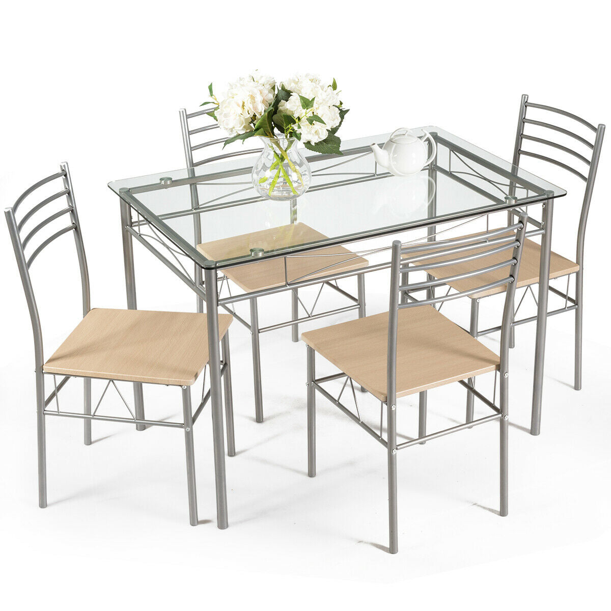 Juego de comedor de 5 piezas: mesa de cristal y 4 sillas