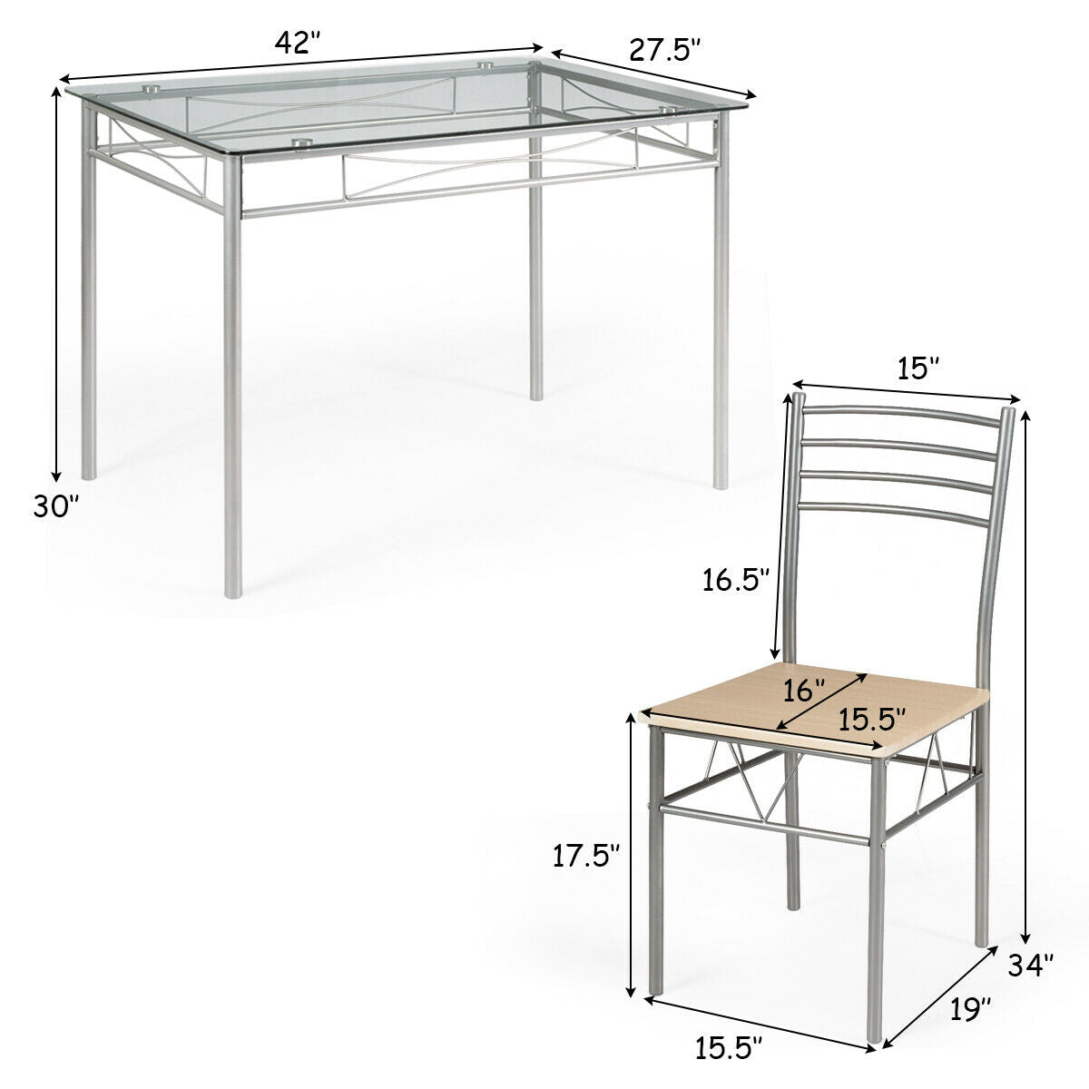 Juego de comedor de 5 piezas: mesa de cristal y 4 sillas
