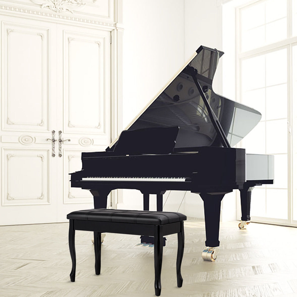 Banquetas de madera maciza con almacenamiento para piano en piel sintética - Negro