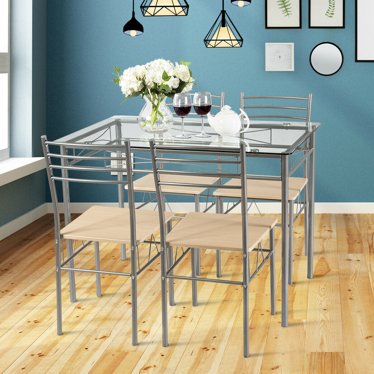 Juego de comedor de 5 piezas: mesa de cristal y 4 sillas