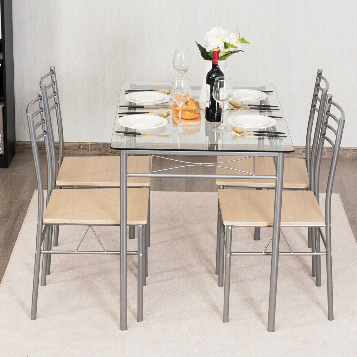 Juego de comedor de 5 piezas: mesa de cristal y 4 sillas