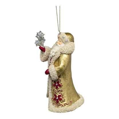 Holiday Standing Santa ornament with snowflake bouquet, gold robe and crystal accents on Tampa Home & Garden Store