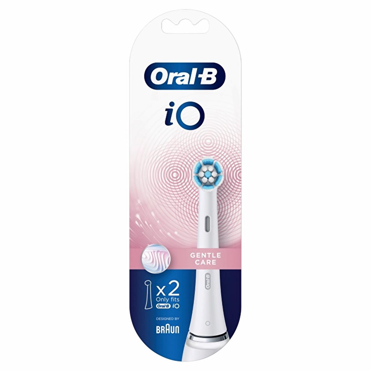 Oral-B iO Gentle Care toothbrush heads 2-pack for sensitive teeth and gums with blue bristle ring on packaging on Tampa Home & Garden Store