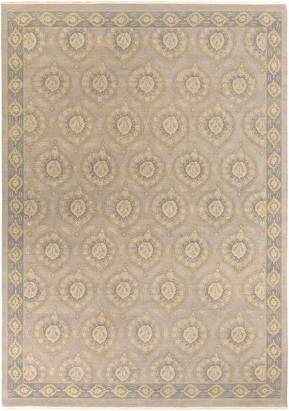 Haleiwa Clearance Rug by Boutique Rugs, gray field with gold teardrop medallions and pale border on Tampa Home & Garden Store