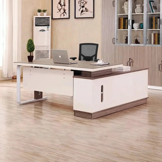 Halley Modern L-Shaped Desk by Arc Grove, white with dark wood top, executive desk with cabinet on Tampa Home & Garden Store