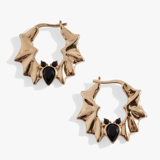 Crystal Bat Hoop Earrings, pair, gold-tone bat-shaped hoops with black crystals by ALEX AND ANI on Tampa Home & Garden Store