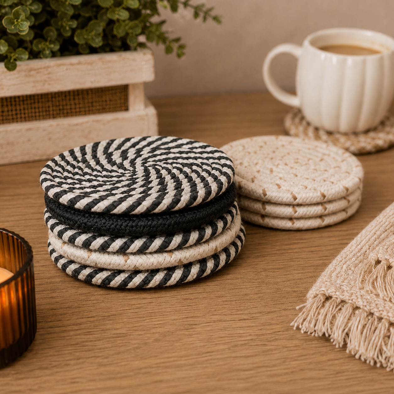 Fall Fabric Coasters Gia Roma woven black ivory striped and natural beige rounds on Tampa Home & Garden Store