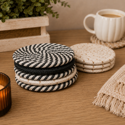 Fall Fabric Coasters Gia Roma woven black ivory striped and natural beige rounds on Tampa Home & Garden Store
