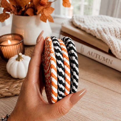 Fall Fabric Coasters Gia Roma braided rope set of 3 in orange, white, and black on Tampa Home & Garden Store