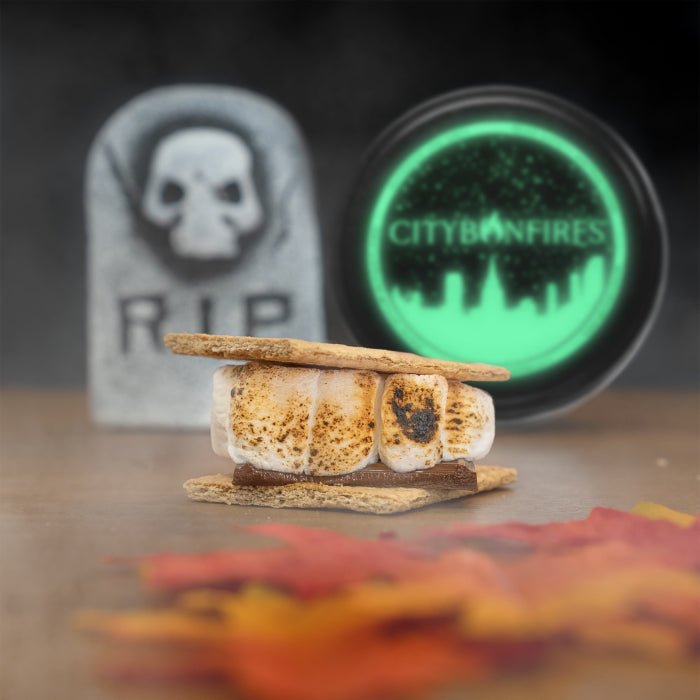Halloween Glow in the Dark S'mores Night Pack outdoors; marshmallows and City Bonfires glow disk on Tampa Home & Garden Store