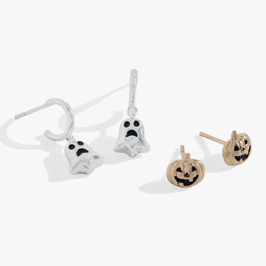 Ghost and Pumpkin earrings set by ALEX AND ANI with silver ghost charms and gold pumpkin charms on Tampa Home & Garden Store