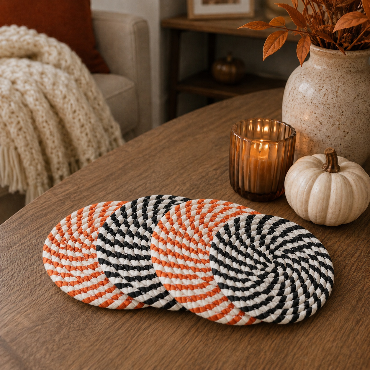 Fall Fabric Coasters Gia Roma, round woven coasters in orange, black and white, 3-pack on Tampa Home & Garden Store
