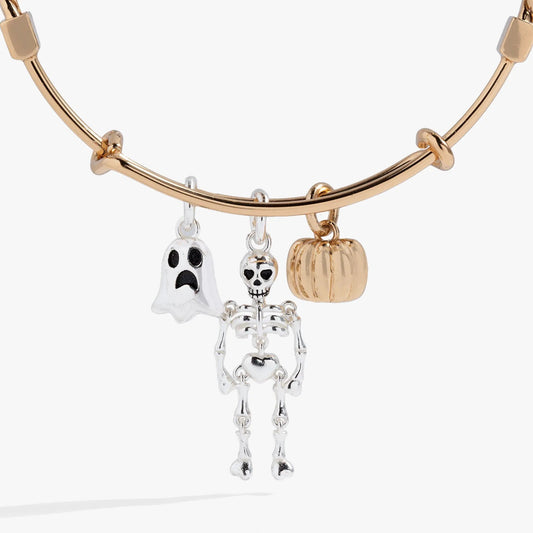 Bracelet Ghost Skeleton Pumpkin Trio Charm Bangle by ALEX AND ANI gold-tone with three charms on Tampa Home & Garden Store