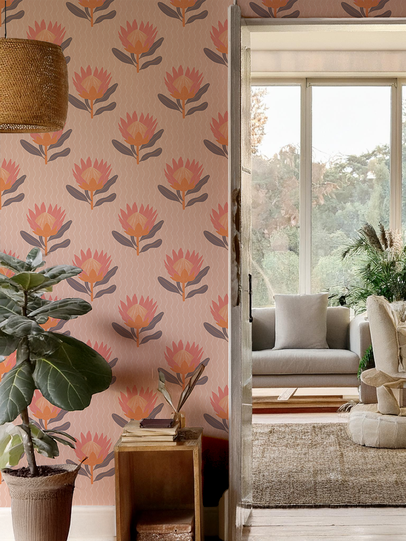 Papel pintado King Protea, coral y naranja