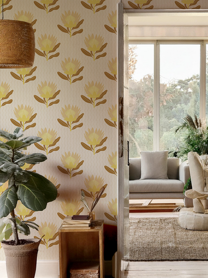 Papel pintado King Protea, mostaza neutra y marrón