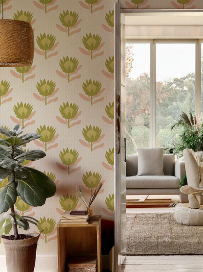 Papier peint King Protea, beige et olive