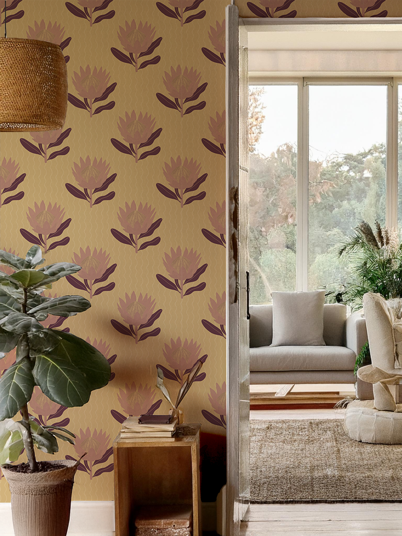 Papel pintado King Protea, amarillo mantequilla y malva