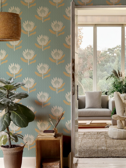 Papel pintado King Protea, azul claro y albaricoque