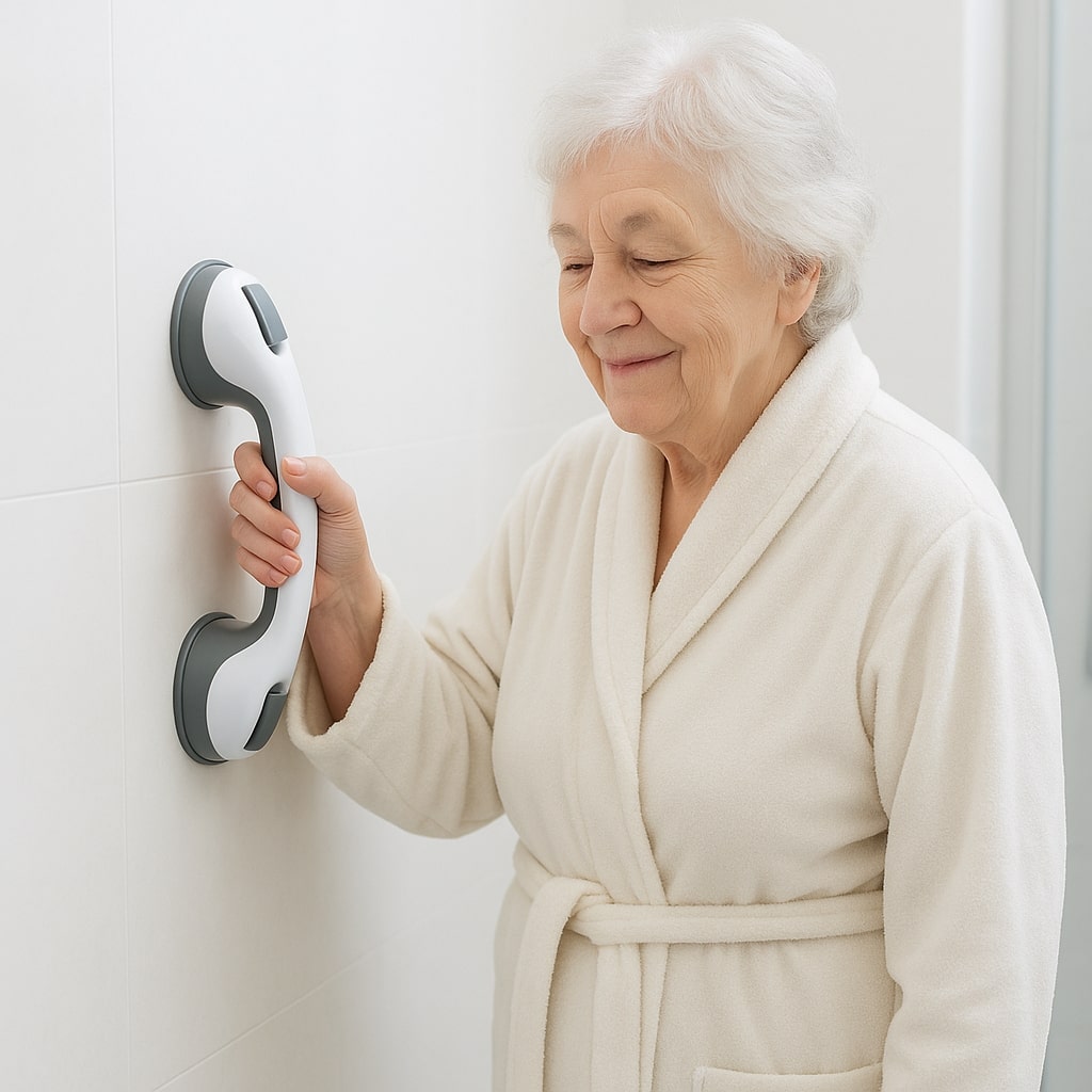 Suction Cup Bathroom Grab Bar Moktan Sabai mounted on tiled wall, elderly woman uses grip on Tampa Home & Garden Store
