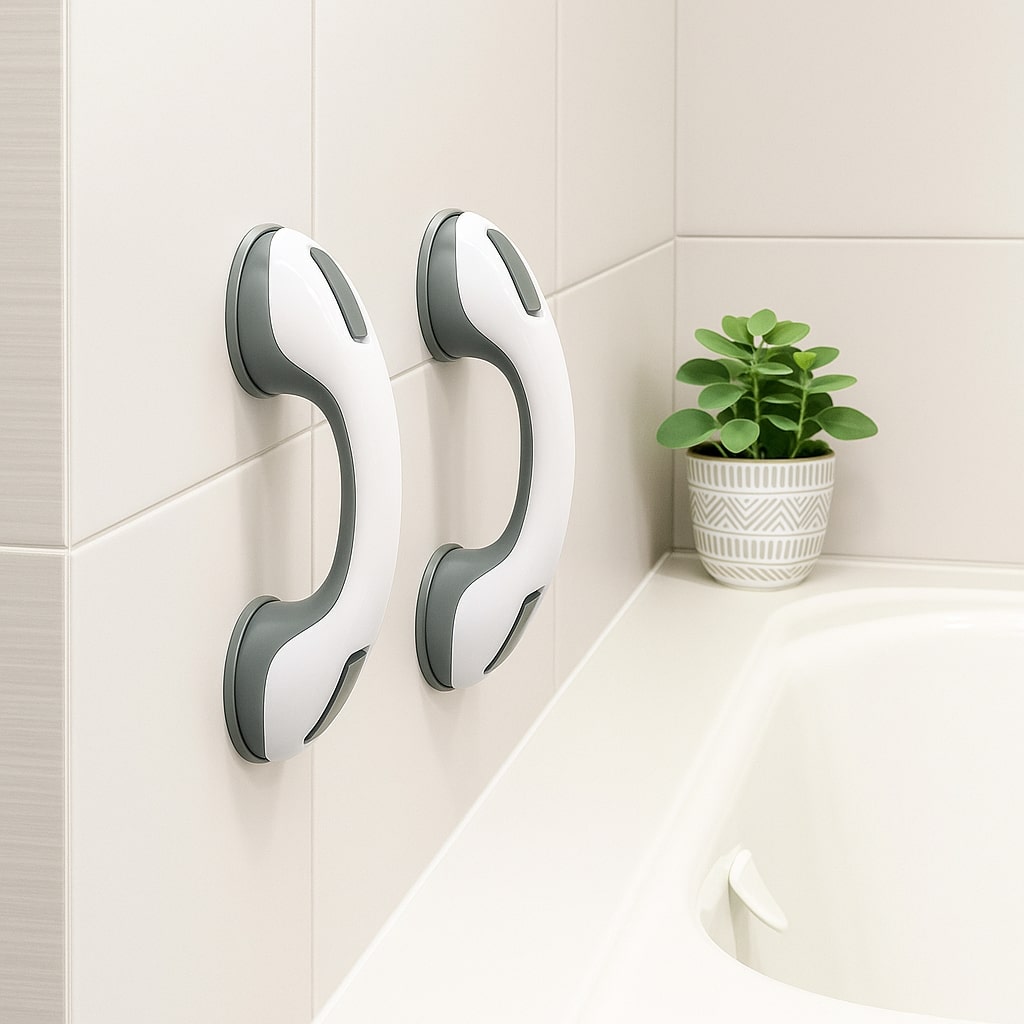 Moktan Sabai suction cup bathroom grab bars, white with gray mounts, pair on tiled wall on Tampa Home & Garden Store