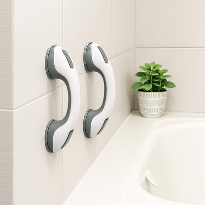Moktan Sabai suction cup bathroom grab bars, white with gray mounts, pair on tiled wall on Tampa Home & Garden Store