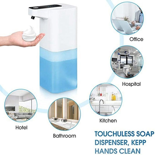 Stevvex automatic soap dispenser, touchless foaming hand soap, white with blue reservoir on Tampa Home & Garden Store