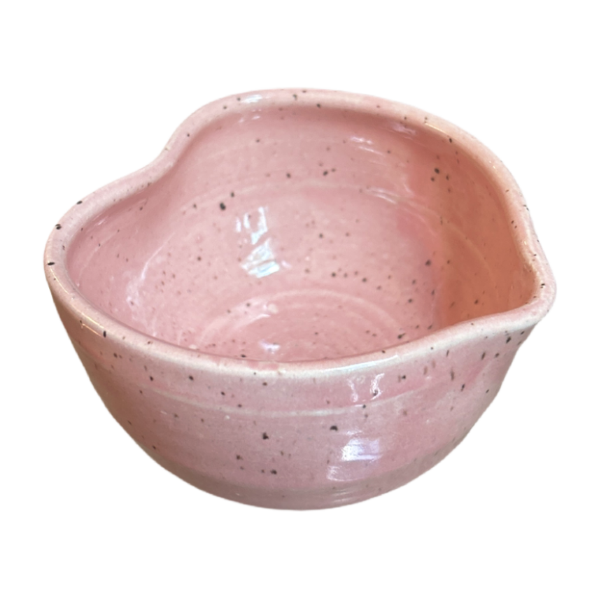 Handcrafted Heart-Shaped Matcha Bowl in pink speckled ceramic glaze by isshiki matcha on Tampa Home & Garden Store